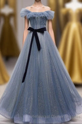 Blue Off the Shoulder Tulle Long Semi Formal Prom Dress with Sash, Sparkly Semi Formal Prom Gown